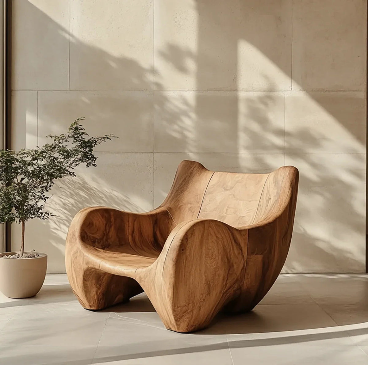Skulpturaler Loungesessel aus Massivholz vom Kunsthandwerker im modernen Design