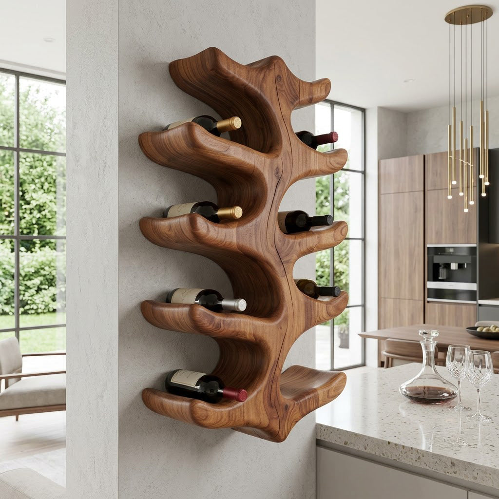 Handwerkliches Astholz-Weinregal aus Massivholz in einem zeitgenössischen Esszimmer