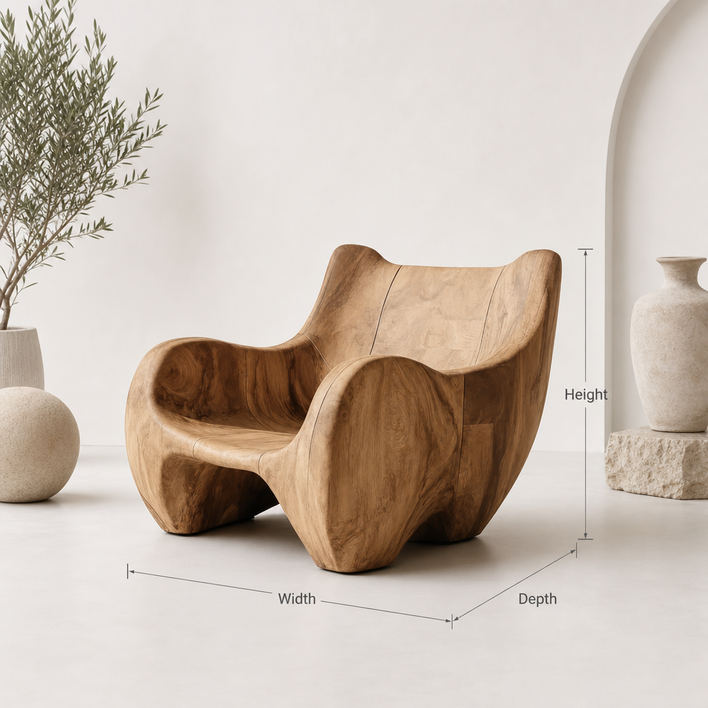 Skulpturaler Loungesessel aus Massivholz vom Kunsthandwerker als Sitzmöbel für minimalistische Interieurs
