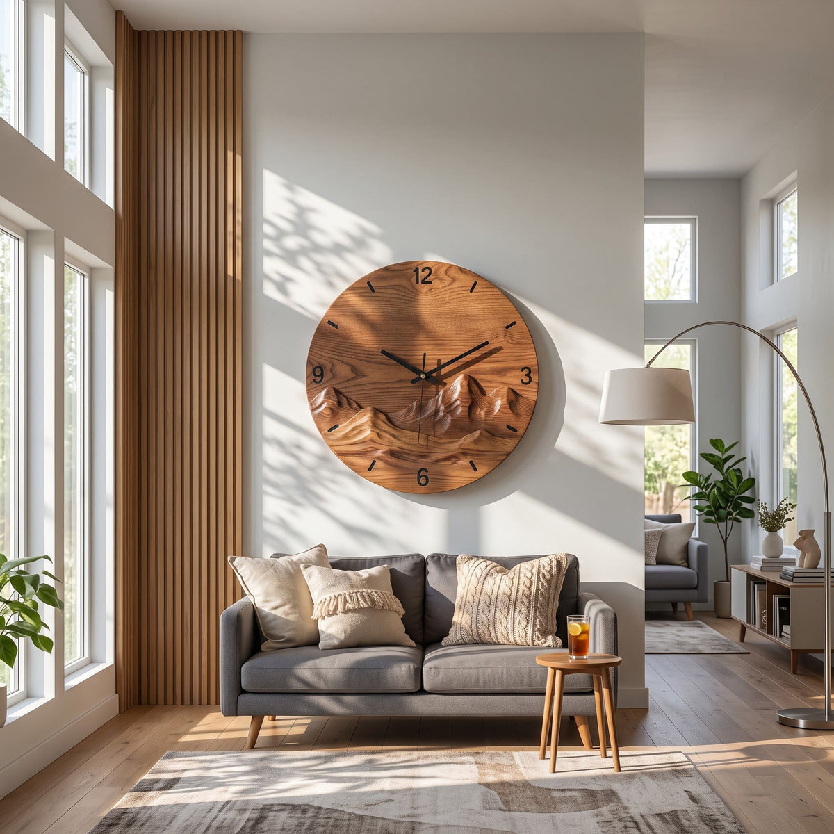 Handwerkliche Berg-Uhr und Reliefwandkunst aus Massivholz, präsentiert in einem eleganten Wohnzimmer