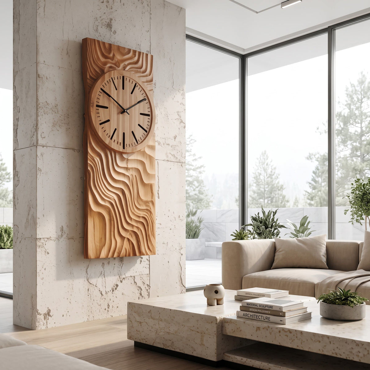 Handwerkliches Wellen-Wanduhr-Paneel aus Massivholz in einem zeitgenössischen Wohnzimmer