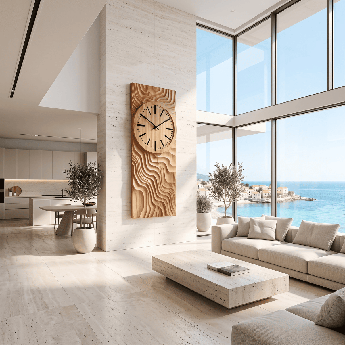 Skulpturale organische Wanduhr aus Massivholz, präsentiert in einem eleganten Wohnzimmer