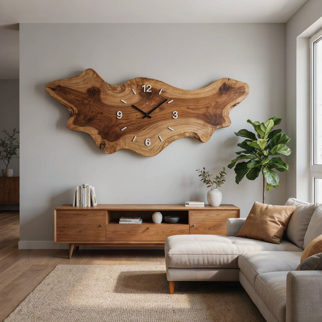 Handwerkliche horizontale Baumkanten-Wanduhr aus Massivholz