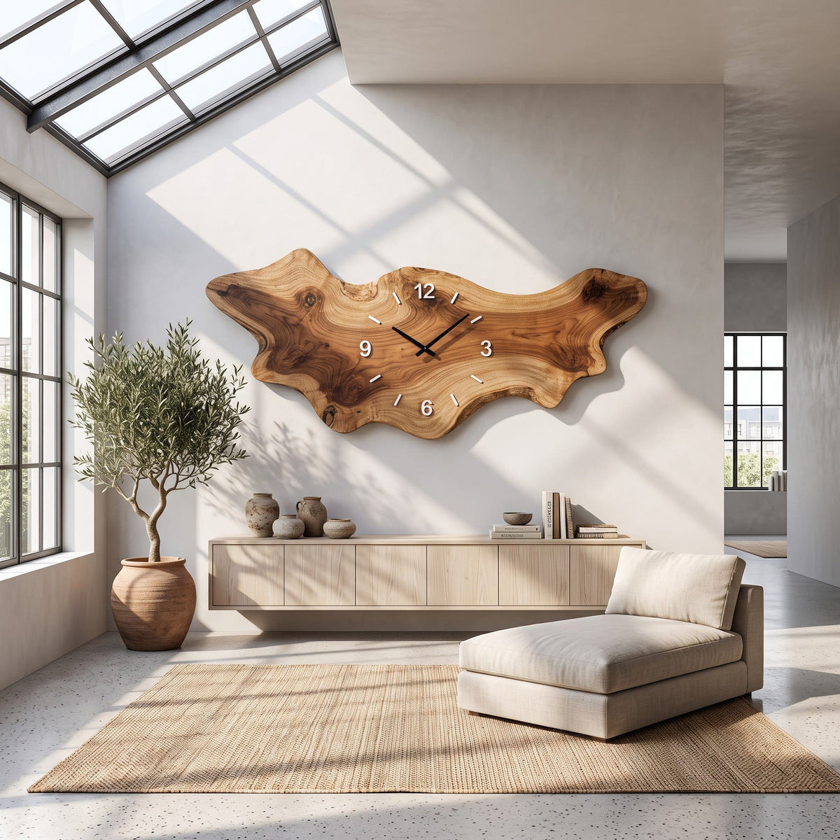 Extragroßes organisches Freiform-Bohlen-Wandkunstpaneel aus Massivholz, gestylt in einem modernen Interieur