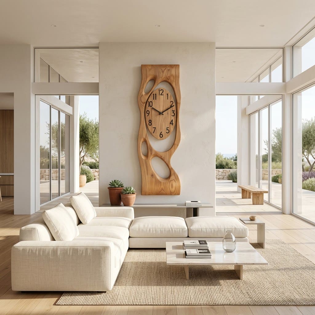 Skulpturale Wanduhr aus Massivholz mit ovalem Zifferblatt, präsentiert in einem minimalistischen Wohnbereich