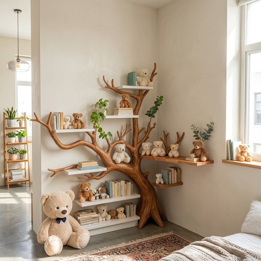 Handwerkliches Baum-Eckbücherregal aus Massivholz