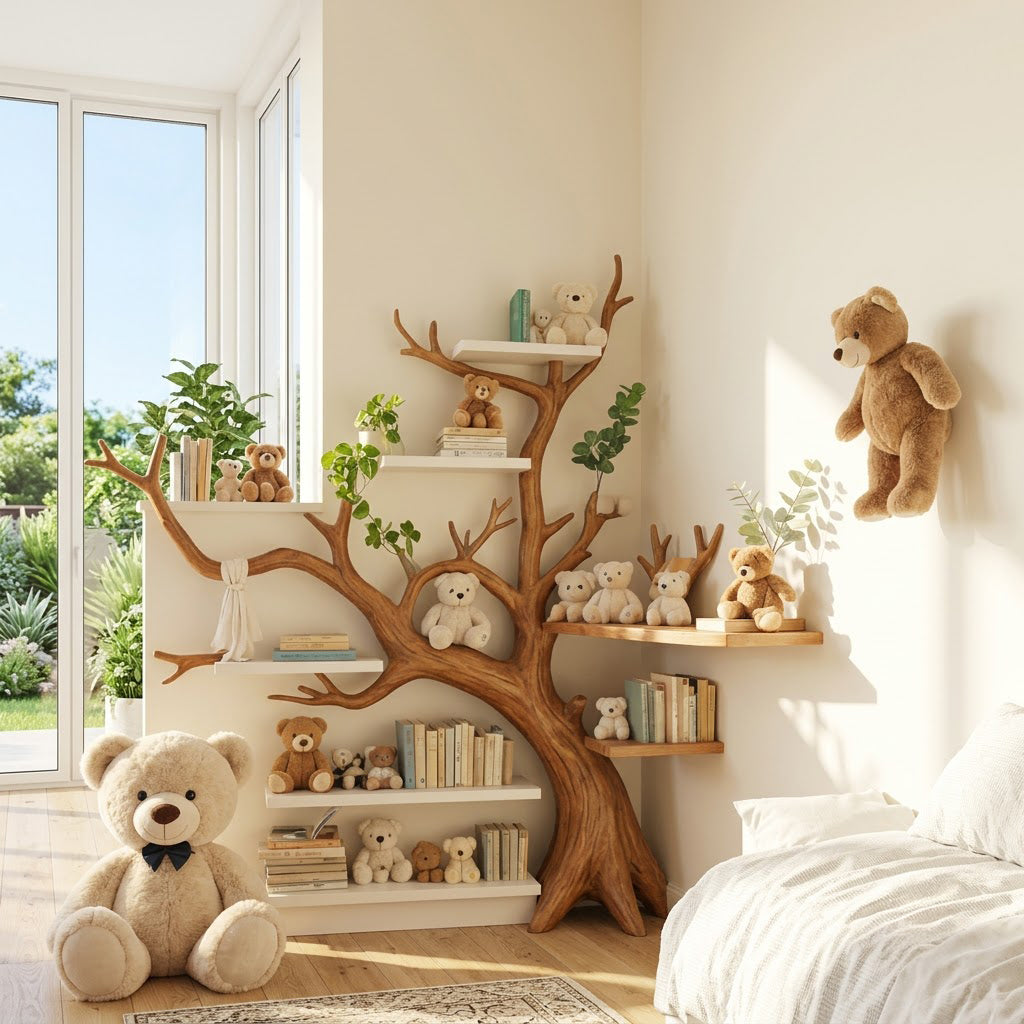 Handwerkliches mehrstöckiges Baum-Bücherregal aus Naturholz für eine verspielte Kinderzimmer-Leseecke