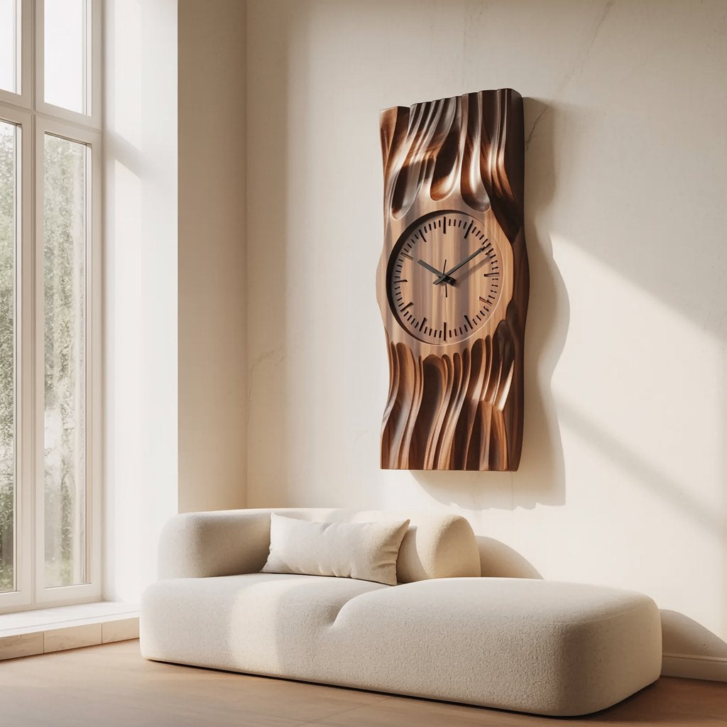 Handwerkliches Wanduhr-Paneel im Vorhangfalten-Design aus Massivholz