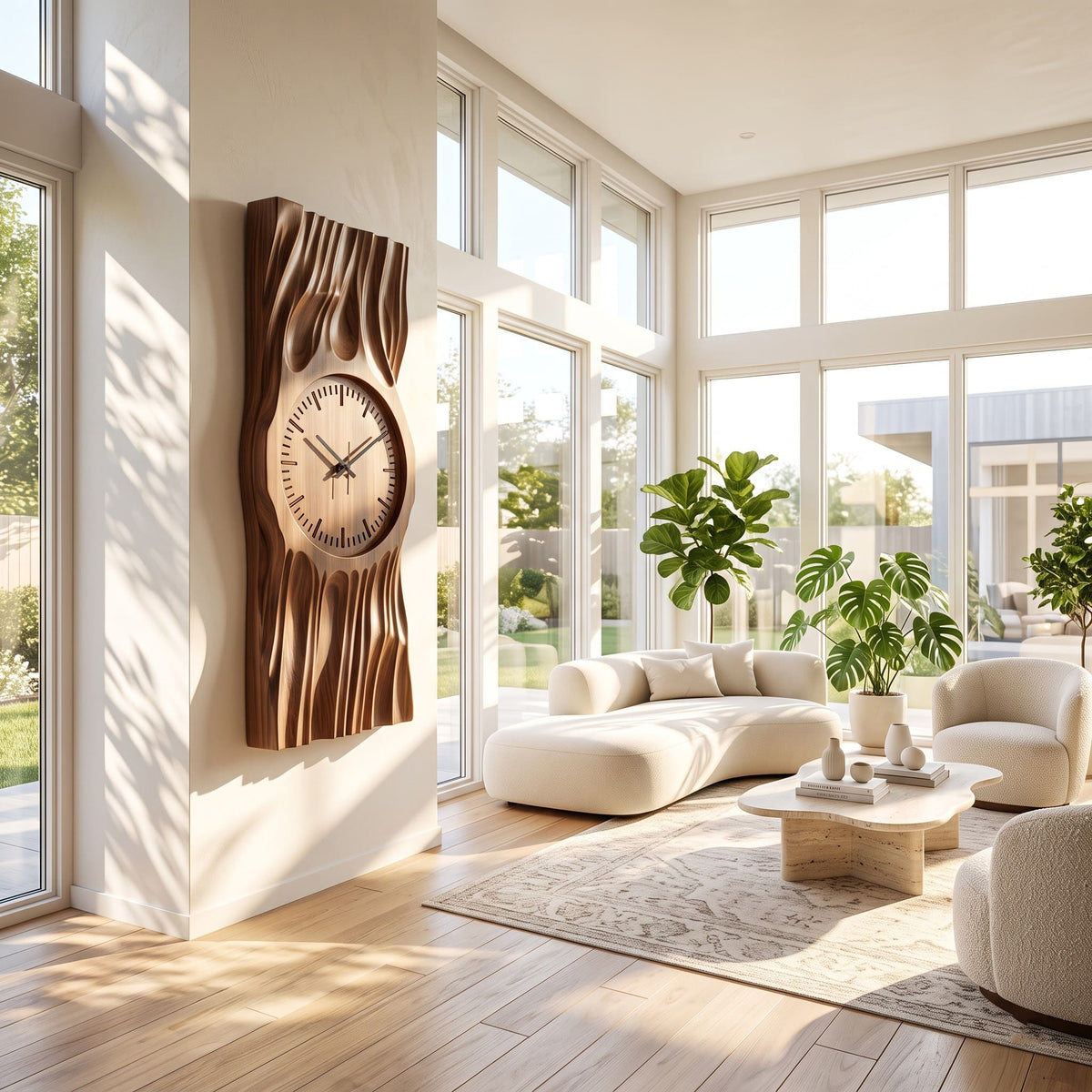 Handwerkliches Wanduhr-Paneel im Vorhangfalten-Design aus Massivholz in einem zeitgenössischen Wohnzimmer