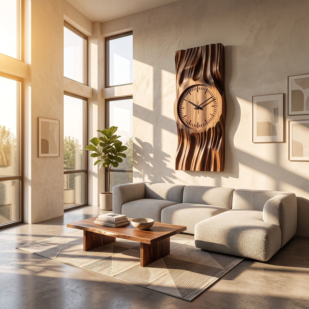 Handwerkliche Wanduhr und 3D-Wellenkunst aus Massivholz, präsentiert in einem eleganten Wohnzimmer