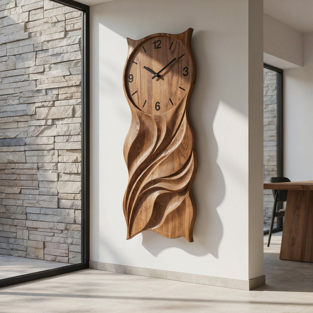 Handwerkliches Wanduhr-Paneel mit Eulensilhouette aus Massivholz