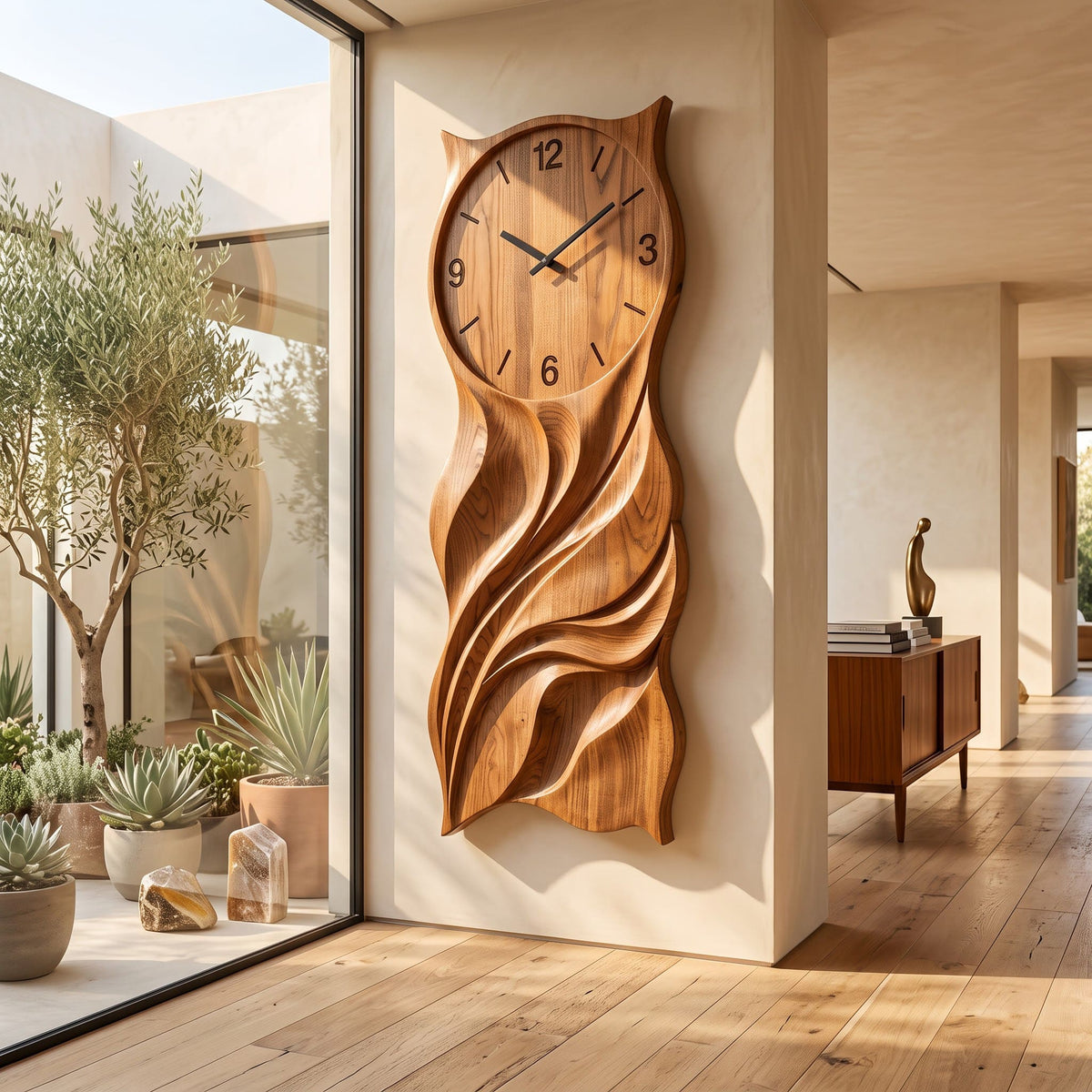 Handgeschnitzte Wellenrelief-Wandkunst aus Massivholz, gestylt in einem modernen Interieur