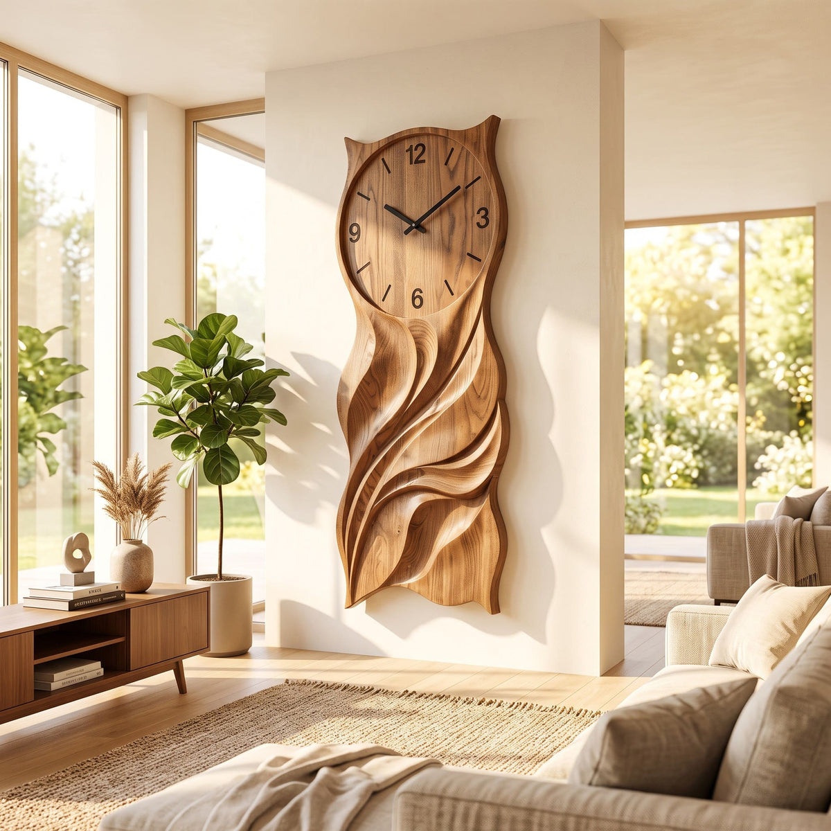 Skulpturale Eulen-Wanduhr aus Massivholz, präsentiert in einem minimalistischen Wohnbereich