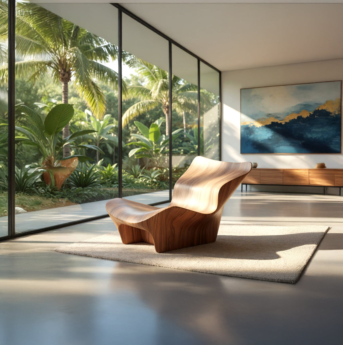 Handwerklicher skulpturaler Loungesessel aus Massivholz – Fließendes Wellendesign