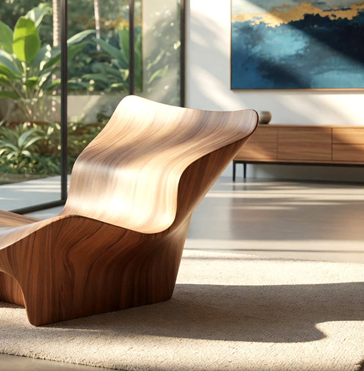 Handwerklicher Holz-Loungesessel mit fließender geschwungener Silhouette