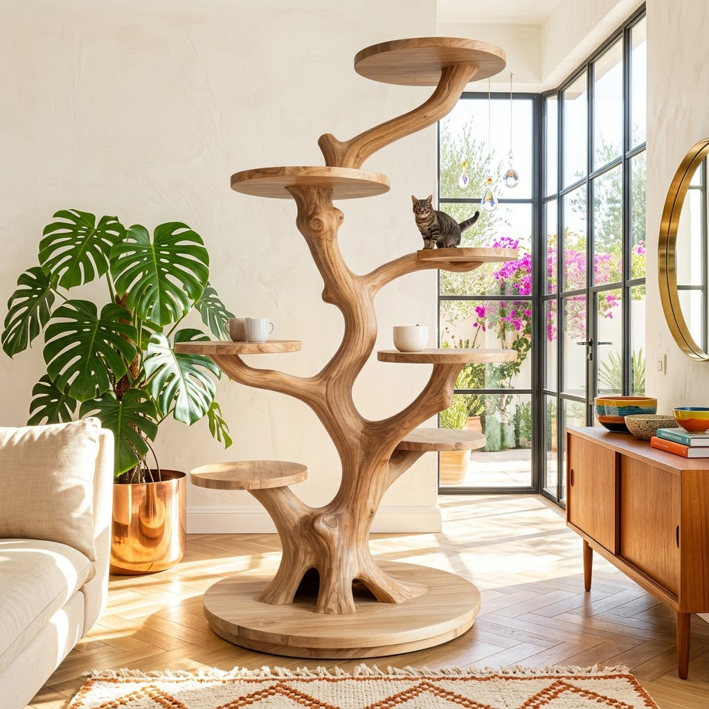 Handwerklicher Baum-Katzenturm aus Massivholz, mit Zimmerpflanzen gestylt in einem sonnigen modernen Wohnzimmer