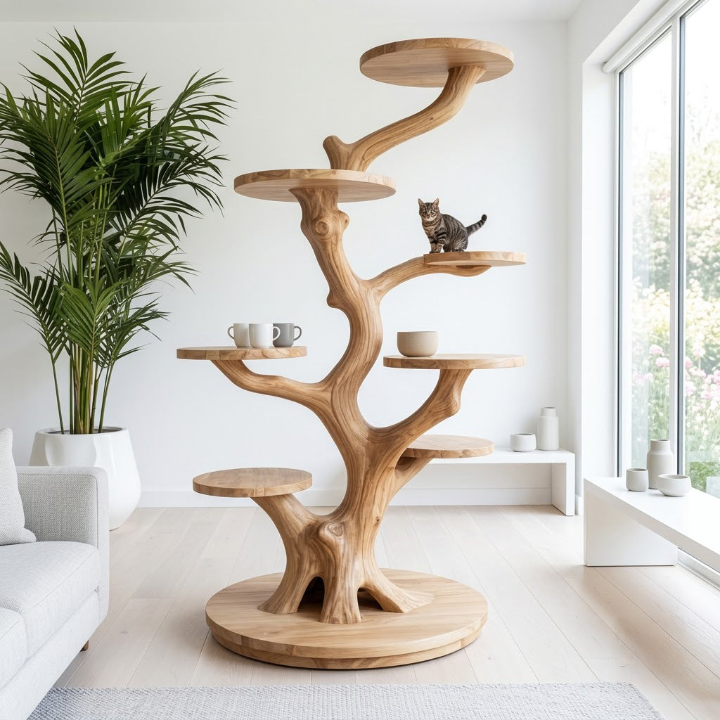 Handwerklicher Kratzbaum und Schauregal aus Massivholz, die ein biophiles Wohnzimmer aufwerten