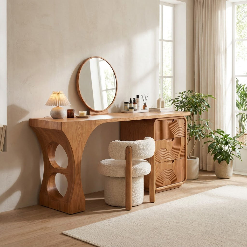 Skulpturaler Schminktisch aus Massivholz, präsentiert in einem modernen Wohninterieur