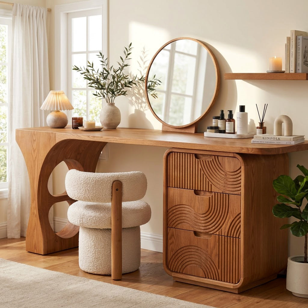 Künstlerischer Konsolentisch aus Massivholz, der ein minimalistisches Schlafzimmer aufwertet