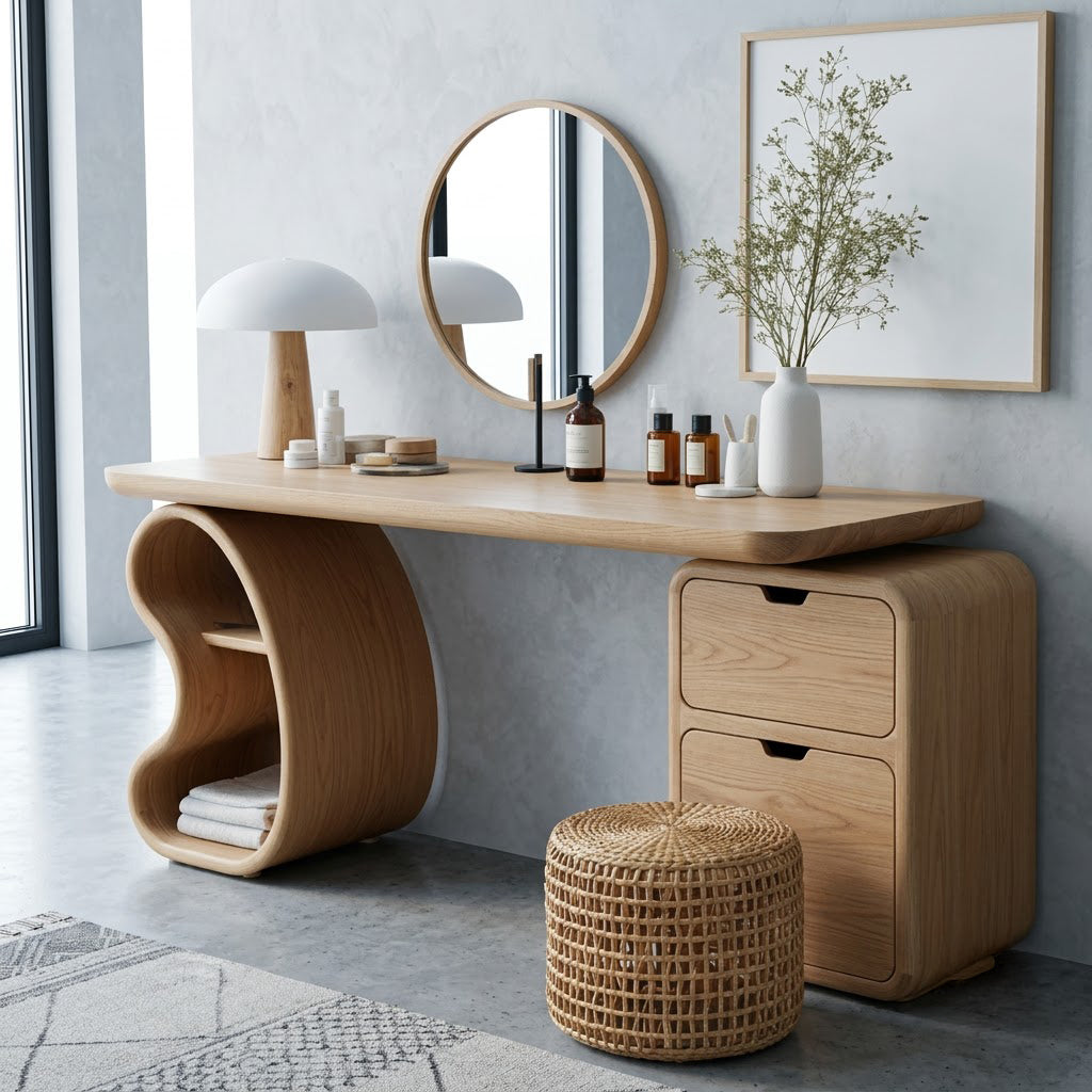 Künstlerischer Konsolentisch aus Massivholz mit hohlem Regalbein, der ein minimalistisches Schlafzimmer aufwertet