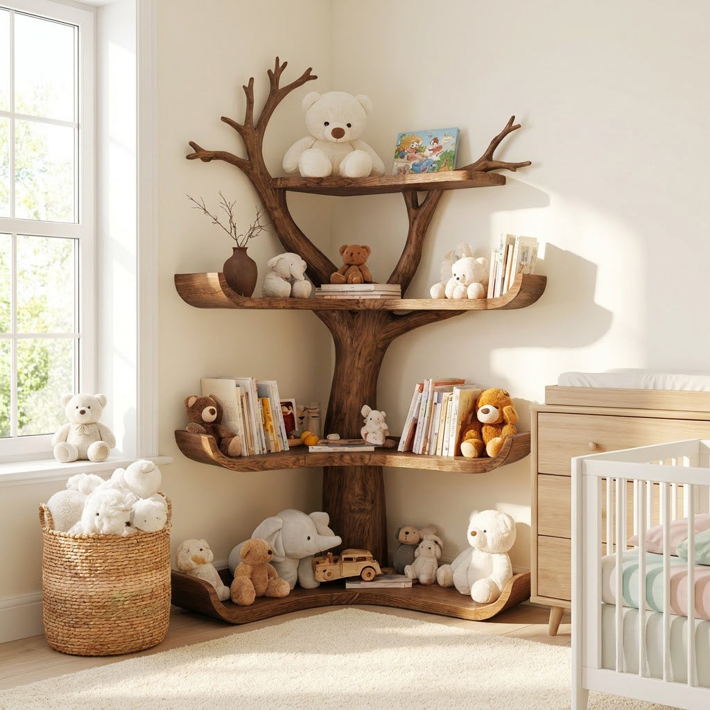 Handwerkliches Baum-Eckbücherregal aus Massivholz