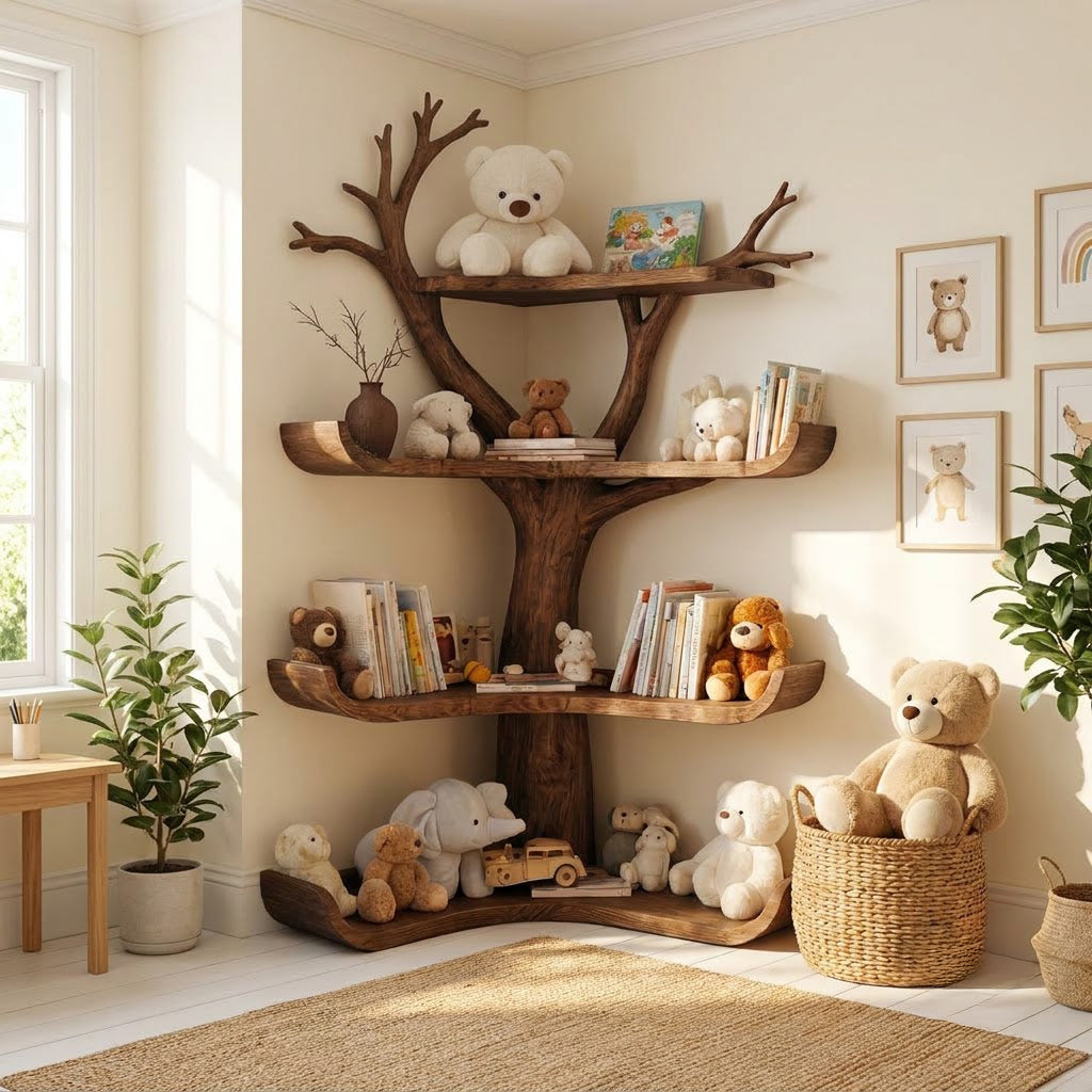 Künstlerisches Babyzimmer-Bücherregal aus Massivholz, das ein verspieltes Kinderzimmer aufwertet