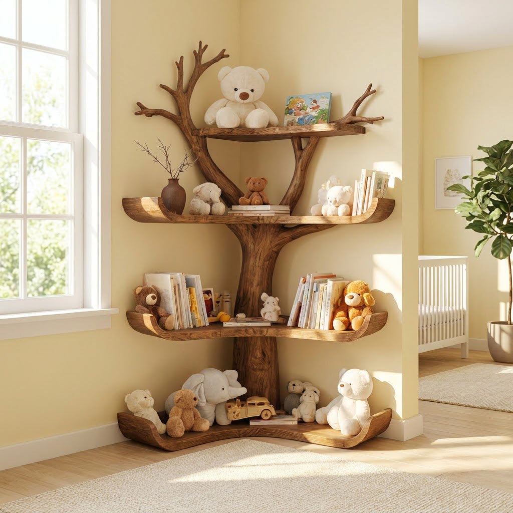 Handwerkliches Eckbücherregal aus Massivholz, präsentiert in einem charmanten Kinderinterieur