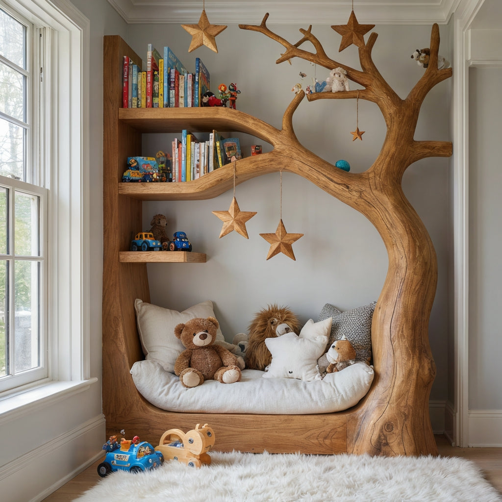 Verspieltes Baum-Tagesbett aus Massivholz mit Leseecken-Bücherregal, gestylt in einem gemütlichen Babyzimmer