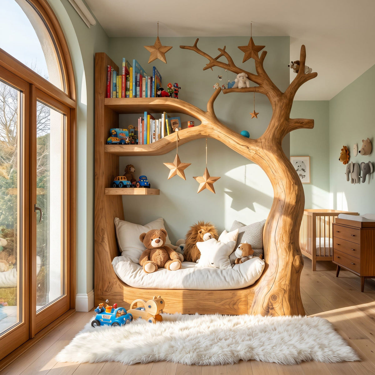 Handwerkliches baumförmiges Bett aus Naturholz mit integriertem Bücherregal für ein verspieltes Kinderzimmer