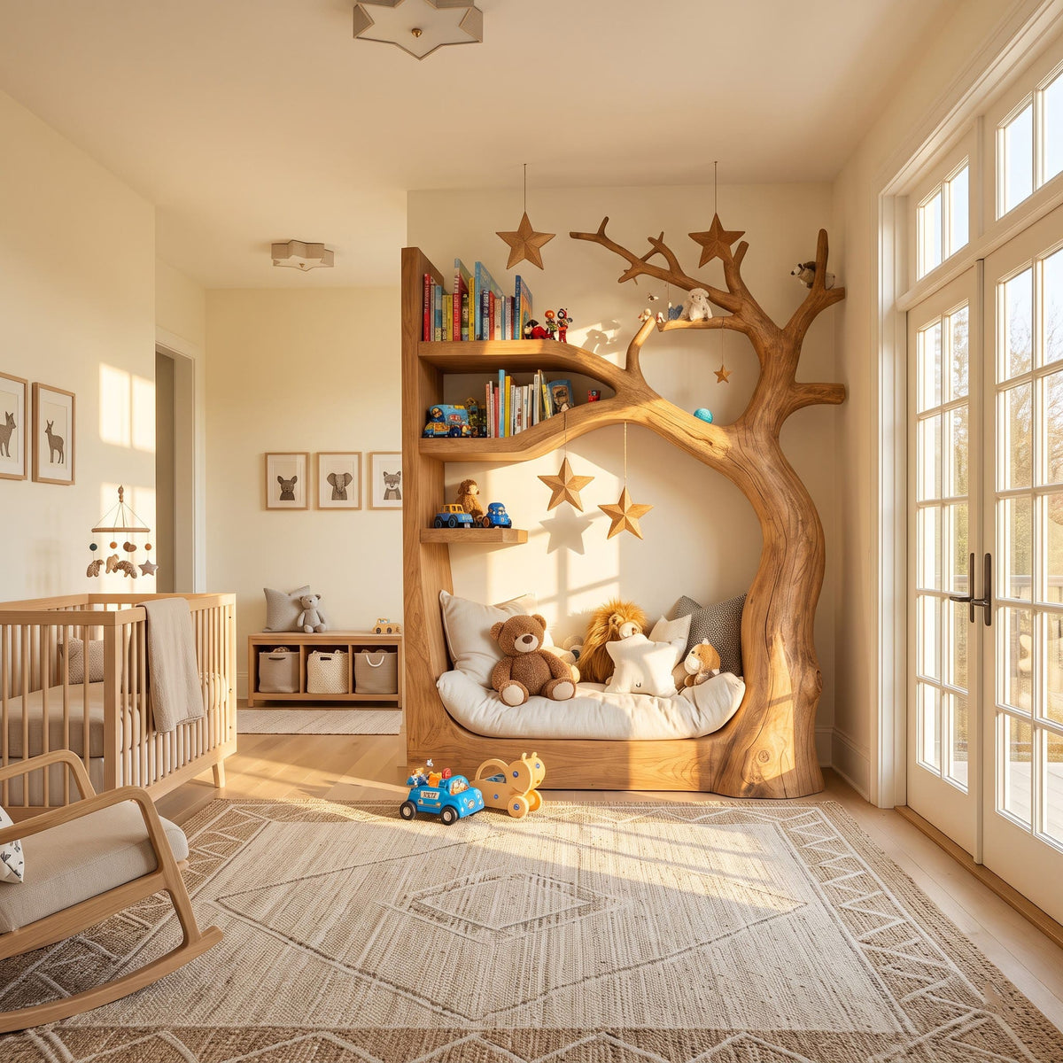 Zeitgenössisches Tagesbett mit Leseecke aus Massivholz neben einem Fenster in einem hellen Spielzimmer