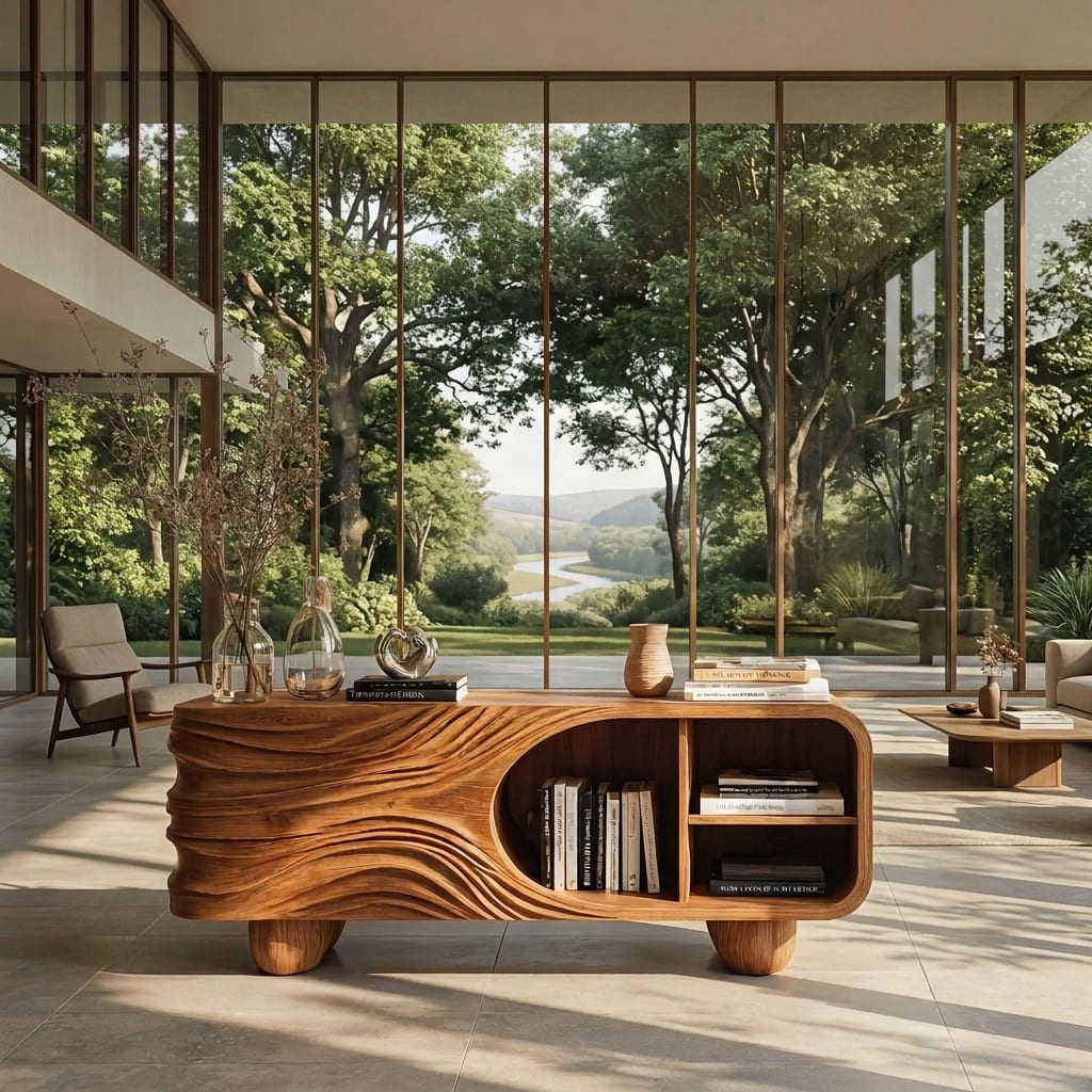 Künstlerisch geschnitztes Sideboard aus hochwertigem Massivholz mit offenem Regal