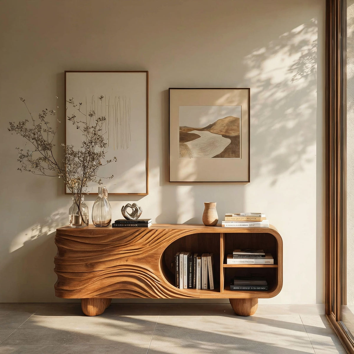 Sideboard aus Massivholz mit handgeschnitzten Details und integrierten offenen Schauregalen