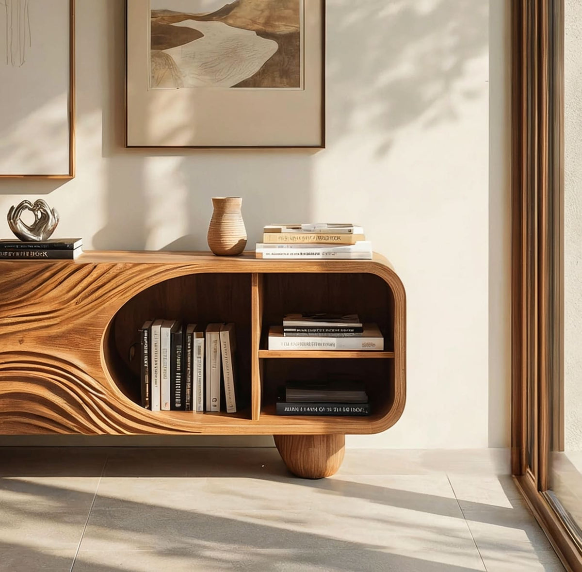 Sideboard aus Massivholz mit handgeschnitzten Details und integrierten offenen Schauregalen