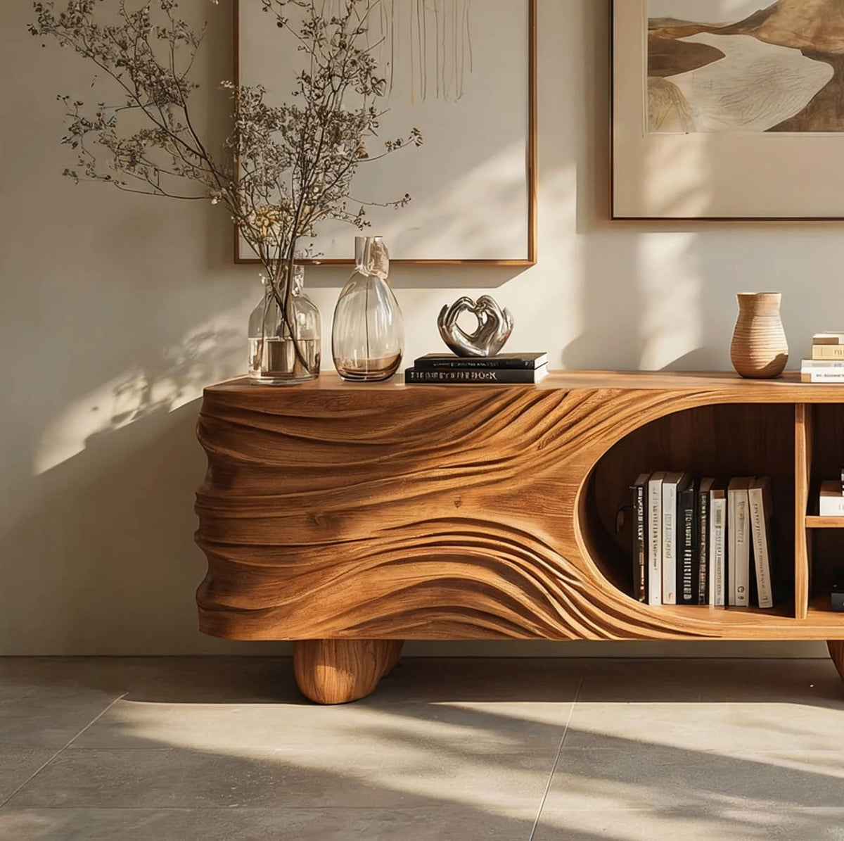 Sideboard aus Massivholz mit handgeschnitzten Details und integrierten offenen Schauregalen