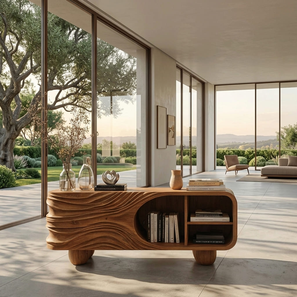 Organisch-modernes Sideboard aus Massivholz, präsentiert in einem eleganten Wohnzimmerinterieur