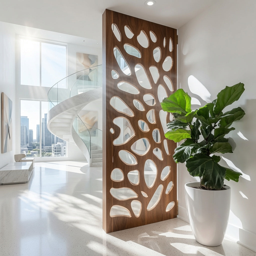 Zeitgenössischer Holz-Raumteiler, der ein minimalistisches Interieur aufwertet