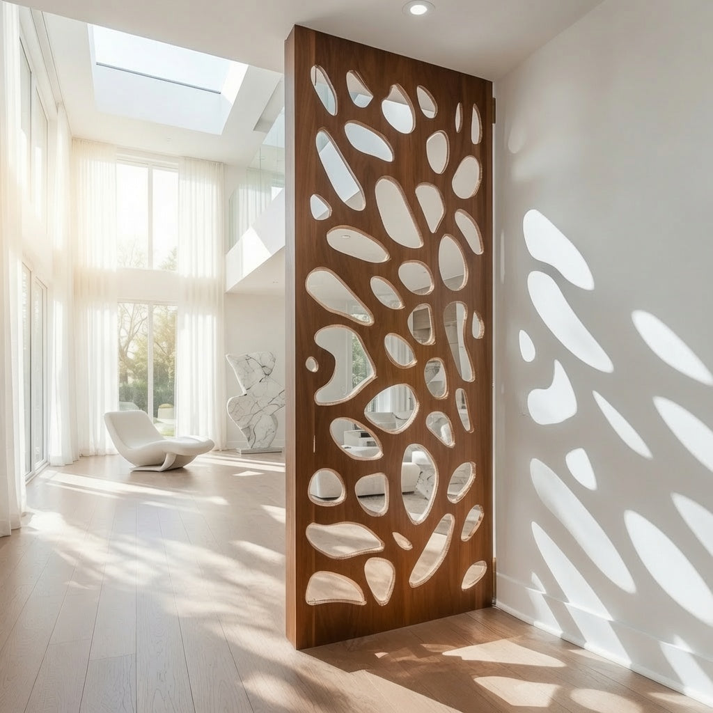 Handwerkliches skulpturales Holzpaneel, das einem offenen Wohnkonzept architektonisches Interesse verleiht