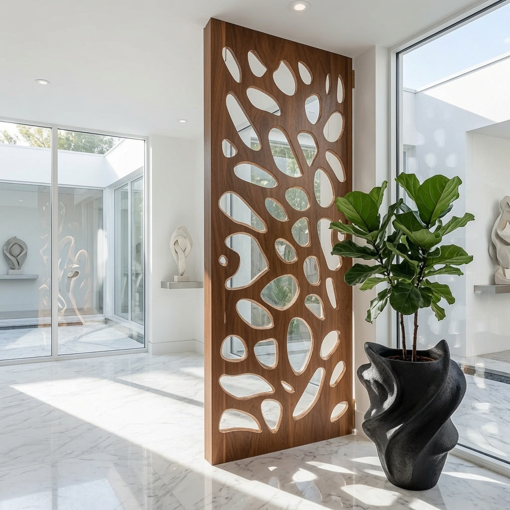 Zeitgenössischer Holz-Raumteiler, der ein minimalistisches Interieur aufwertet