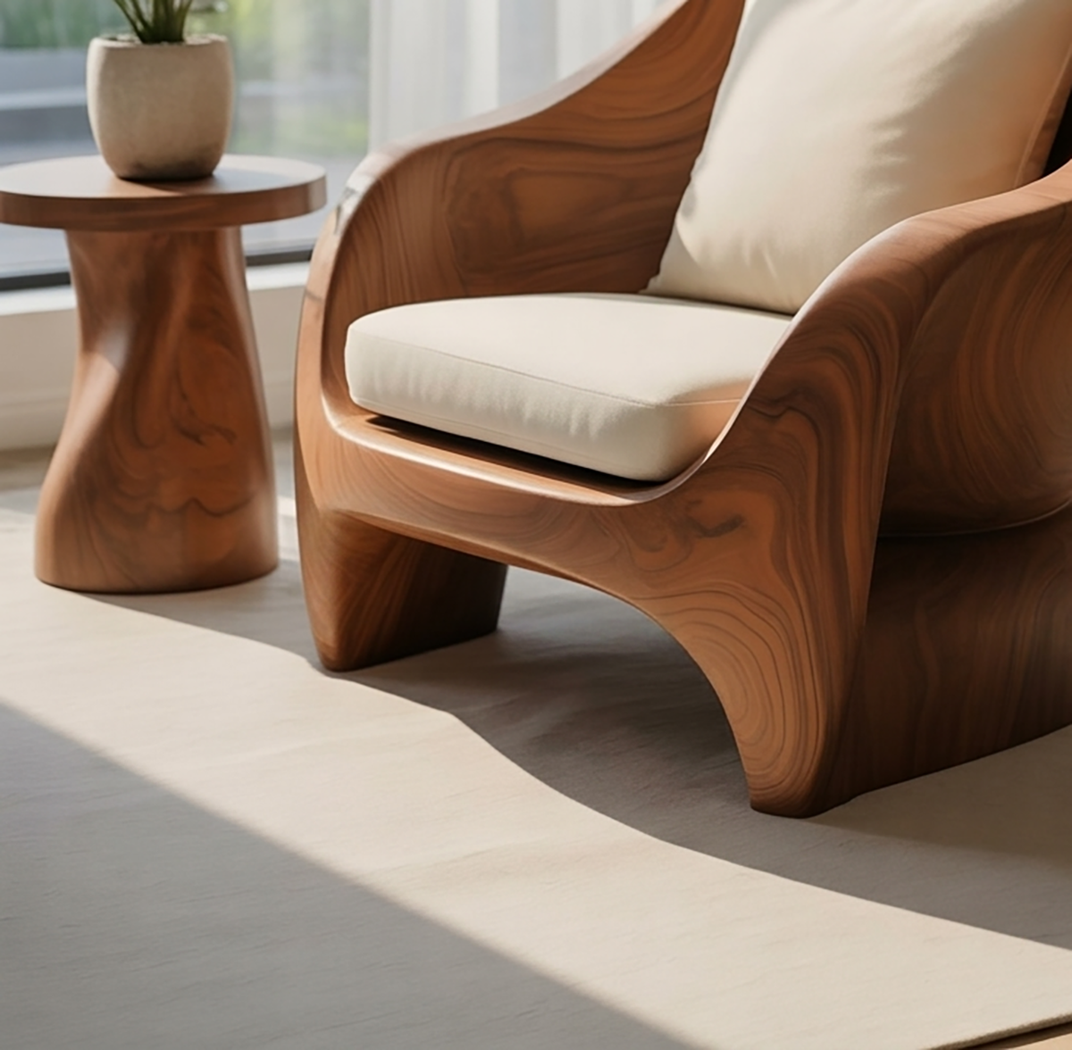 Skulpturales Holz-Loungemöbel für modernes Wohnzimmerdekor