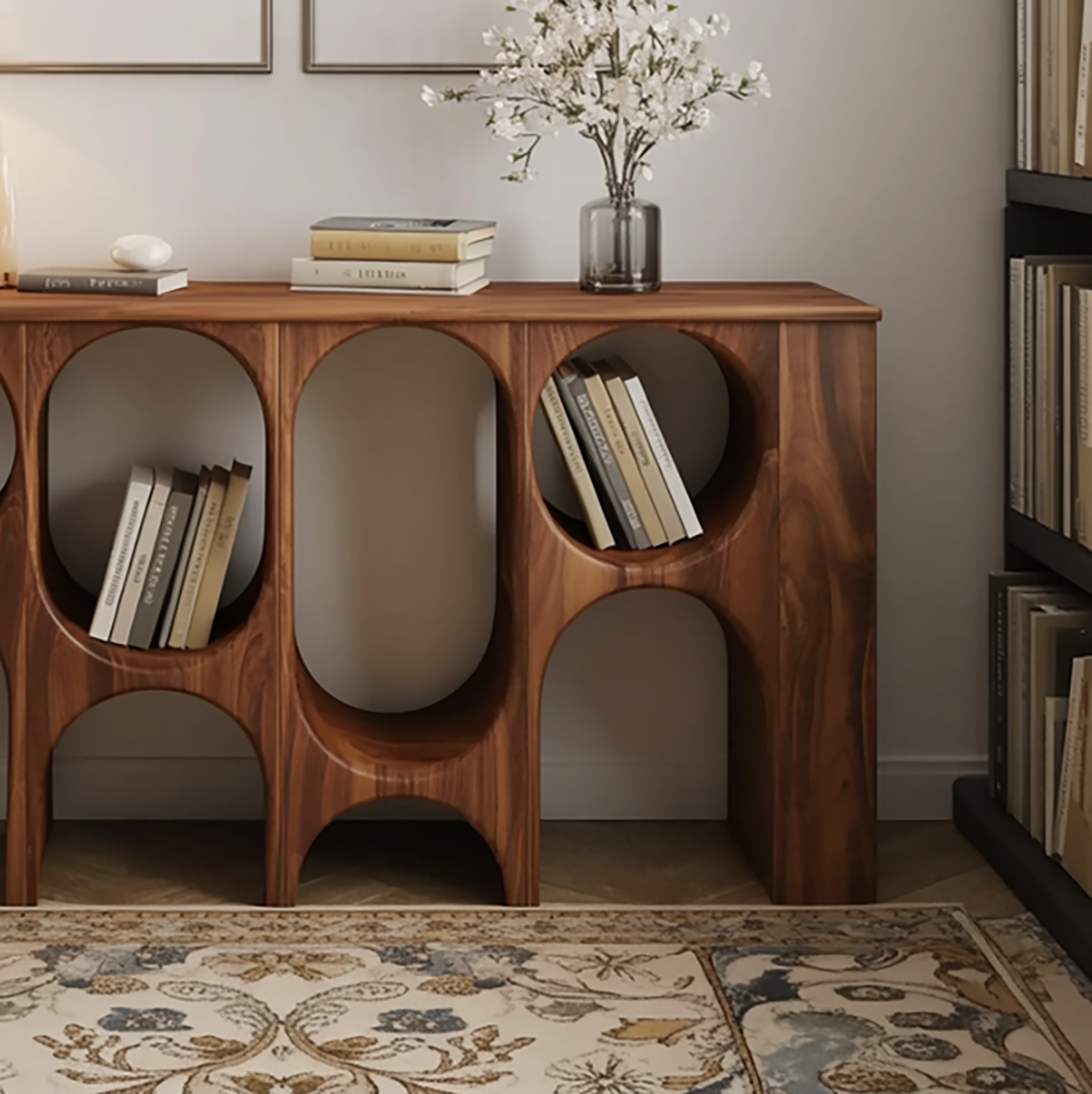 Künstlerisches Konsolen-Bücherregal aus Massivholz im Kreisbogen-Design