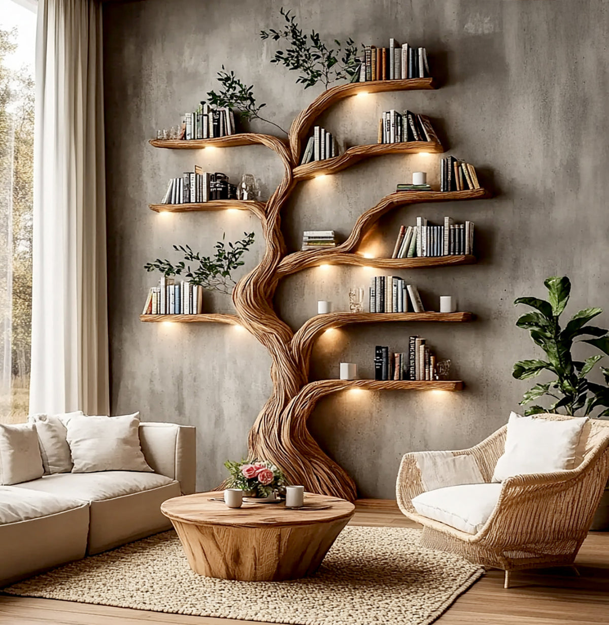 Baum-Bücherregal aus Massivholz mit Lichtern hinter einem Holz-Couchtisch