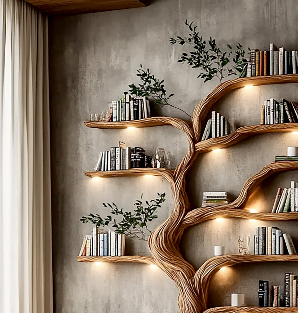 Baum-Bücherregal als Wandinstallation mit warmem Licht