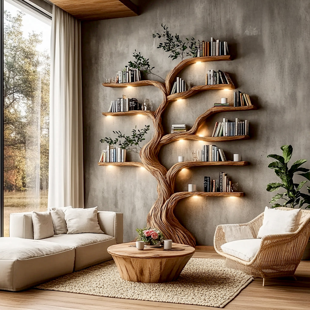 Baum-Bücherregal aus Massivholz mit Lichtern hinter einem Holz-Couchtisch