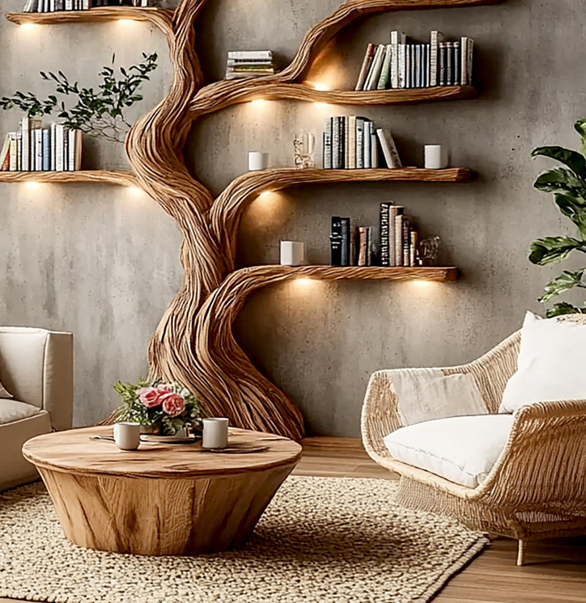 Holz-Baum-Bücherregal, das über einem Wohnzimmer-Couchtisch leuchtet
