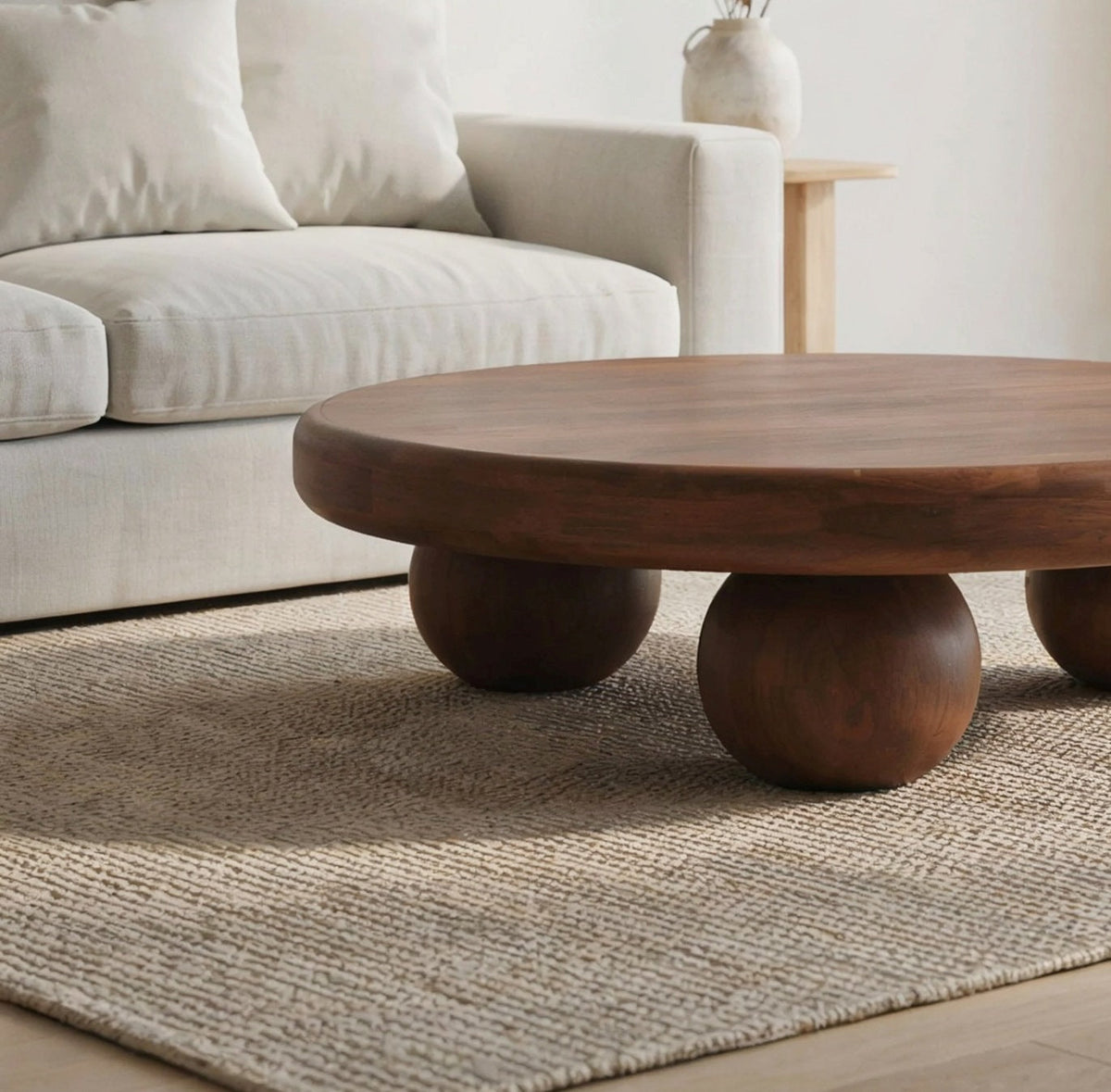 Handgefertigter Couchtisch im Baumkanten-Stil mit elegant runder Tischplatte
