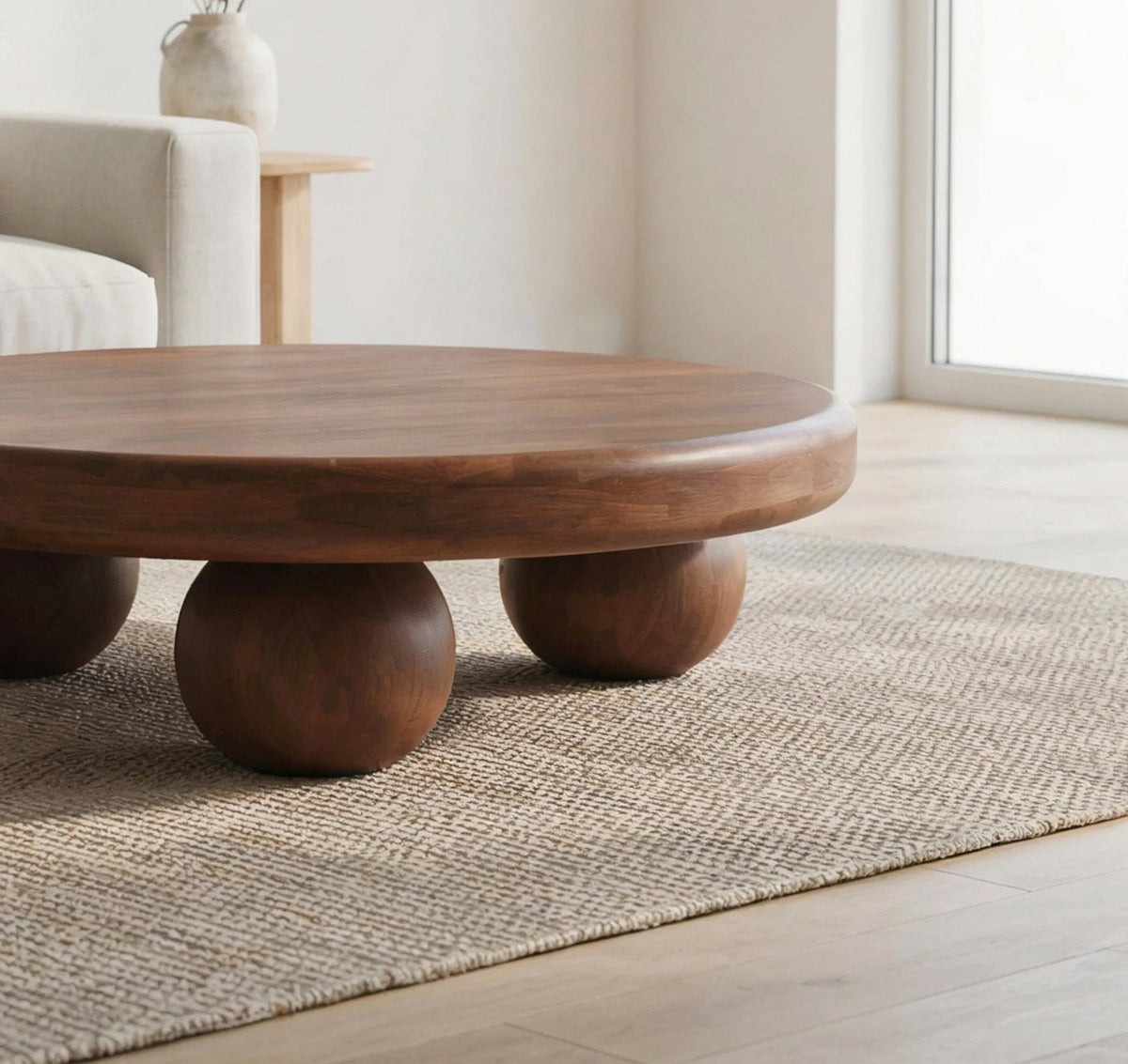 Handgefertigter Couchtisch im Baumkanten-Stil mit elegant runder Tischplatte