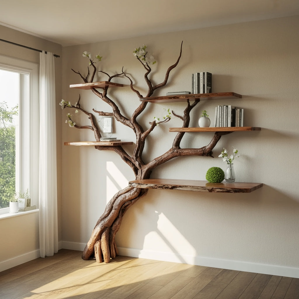 Künstlerisches Astholz-Bücherregal aus hochwertigem Massivholz für Eckbereiche