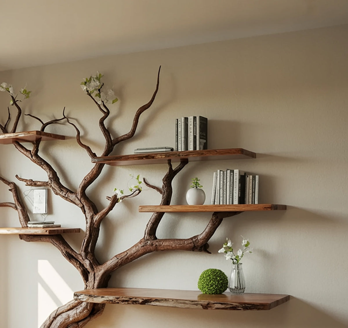 Schwebendes Baum-Bücherregal an einer beigen Wand mit rustikalen Baumkanten-Regalen