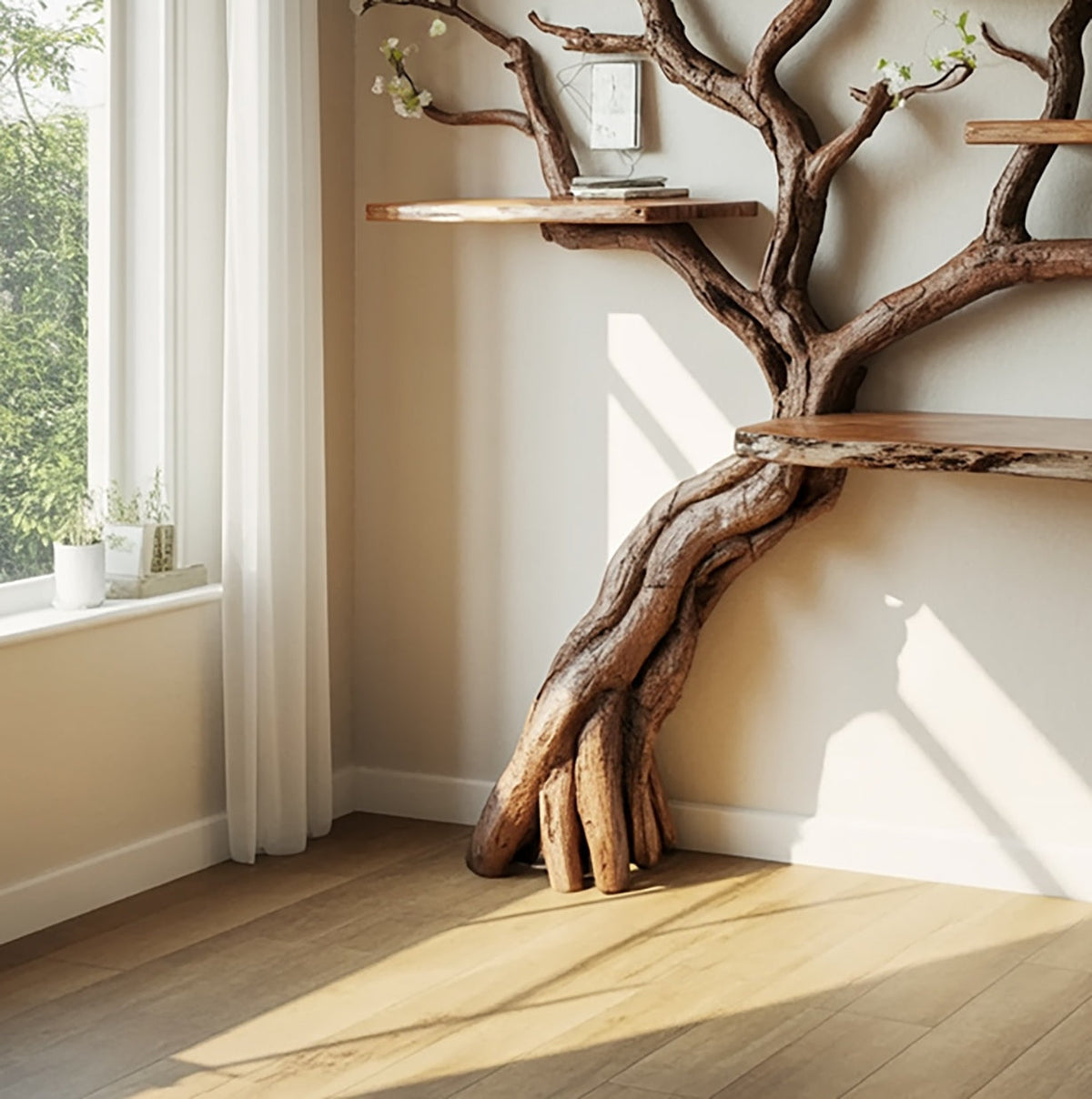 Baum-Bücherregal mit künstlerischem Holzfuß neben einem Fenster mit warmem Sonnenlicht