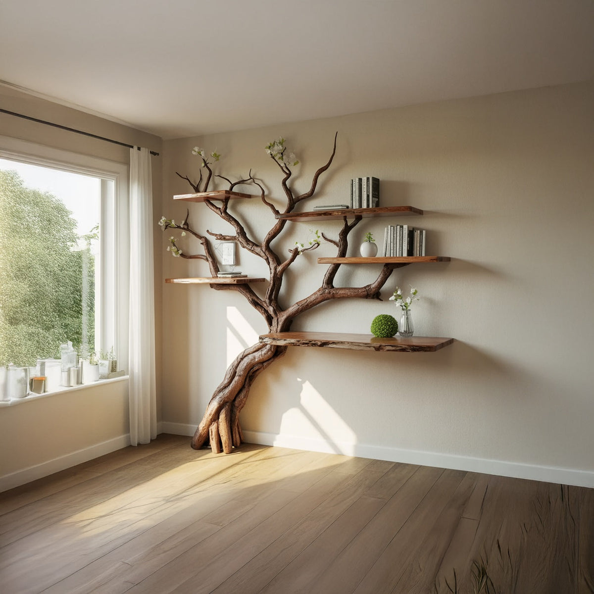 Handgefertigtes Baum-Bücherregal aus Massivholz, präsentiert in einem zeitgenössischen Wohnzimmer